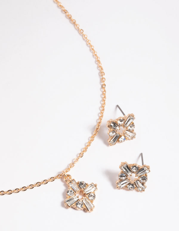 Gold Square Diamante Necklace & Earrings Set