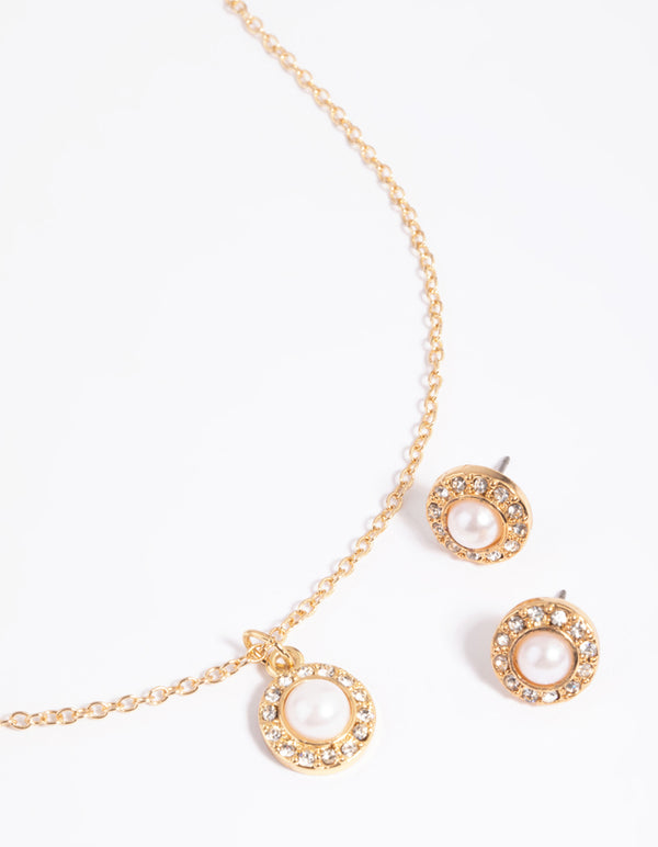 Gold Pearl Stone Necklace & Earrings Set