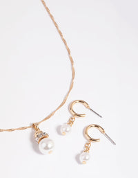 Gold Pearl Necklace & Huggie Earrings Set - link has visual effect only