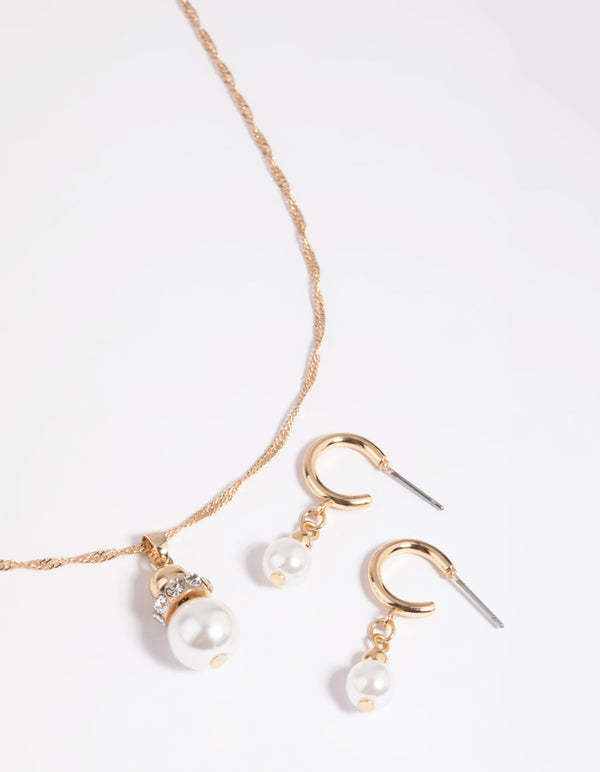 Gold Pearl Necklace & Huggie Earrings Set