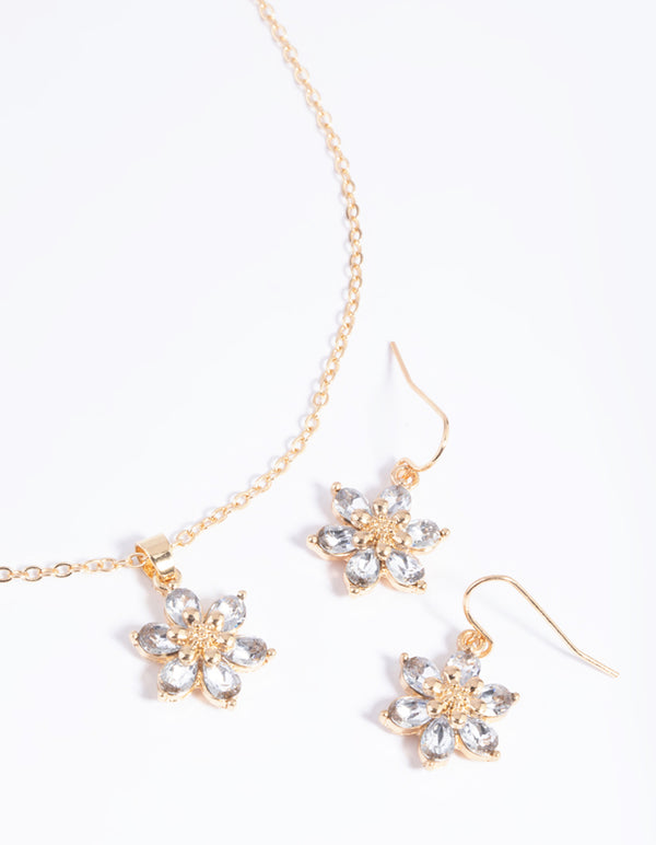 Gold Diamante Flower Necklace & Earrings Set