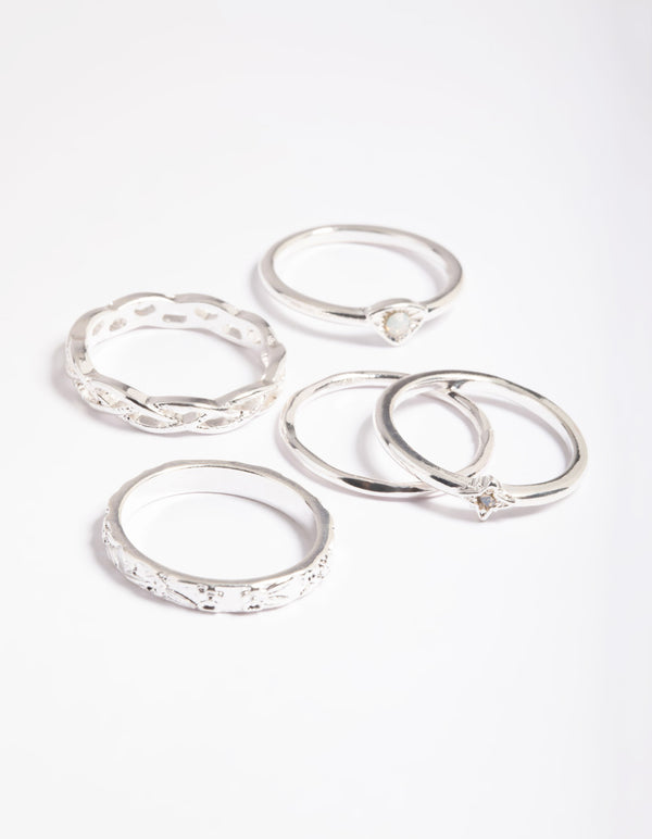 Silver Stone & Braid 5-Pack Rings