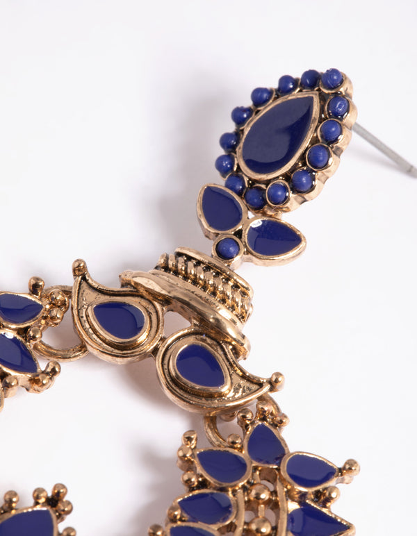 Blue Beaded Statement Fan Drop Earrings