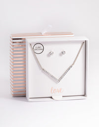Rhodium Cubic Zirconia Necklace & Stud Earrings - link has visual effect only