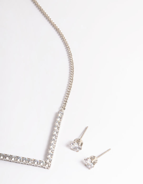 Rhodium Cubic Zirconia Necklace & Stud Earrings
