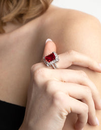 Rhodium Cubic Zirconia Red Asscher Ring - link has visual effect only