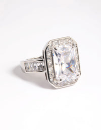 Rhodium Cubic Zirconia Emerald Cut Ring - link has visual effect only