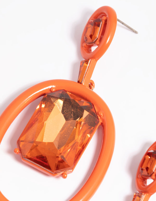 Matte Orange Circle Diamante Drop Earrings
