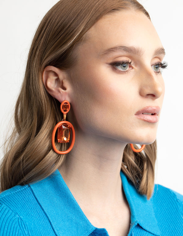 Matte Orange Circle Diamante Drop Earrings