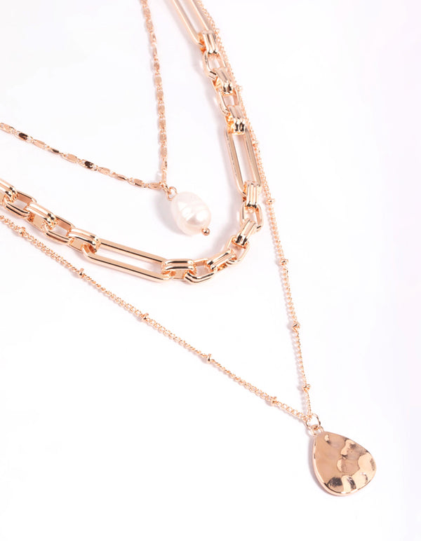 Rose Gold Multi Row Pearl & Coin Necklaces