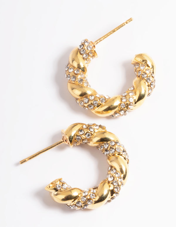 Gold Plated Stainless Steel Diamante Twist Hoop Earrings