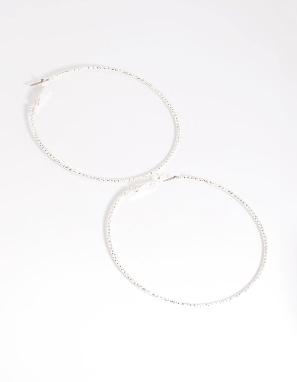Silver 70mm Facet Textured Hoop Earrings