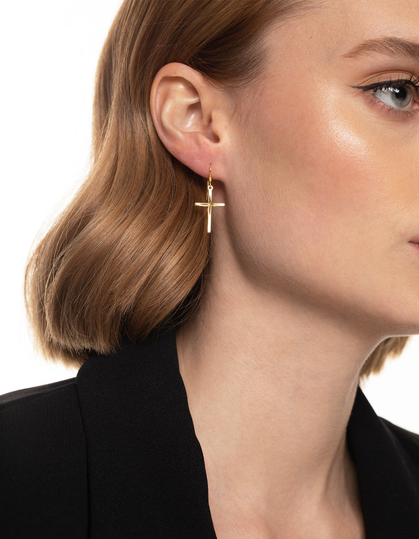 Gold Plated Sterling Silver Molten Cross Drop Earrings