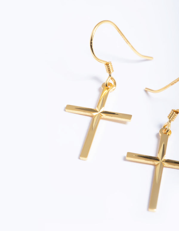 Gold Plated Sterling Silver Molten Cross Drop Earrings