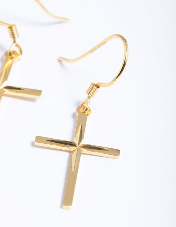 Gold Plated Sterling Silver Molten Cross Drop Earrings