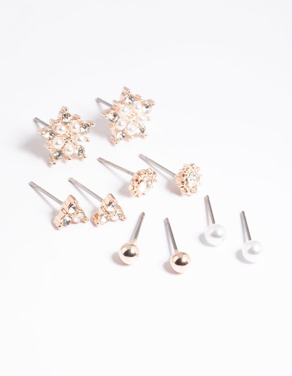 Rose Gold Diamante Pear Flower Stud Earrings 5-Pack