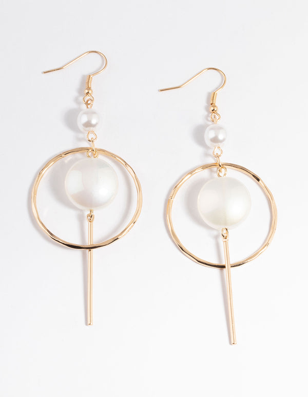 Gold Pearl Open Circle & Stick Drop Earrings