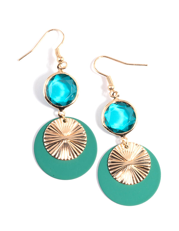 Gold Round Stone & Disc Drop Earrings