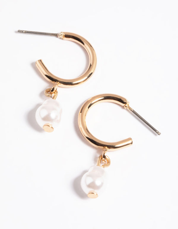 Gold Pearl Drop Huggie Earrings