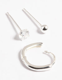 Sterling Silver Cubic Zirconia Ball & Huggie Curated Ear Pack - link has visual effect only