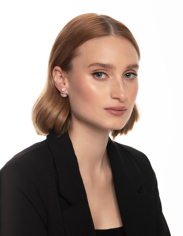 Sterling Silver Cubic Zirconia Pearl Sandwich Stud Earrings