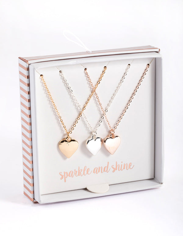 Mixed Metal Polished Heart Necklace Pack