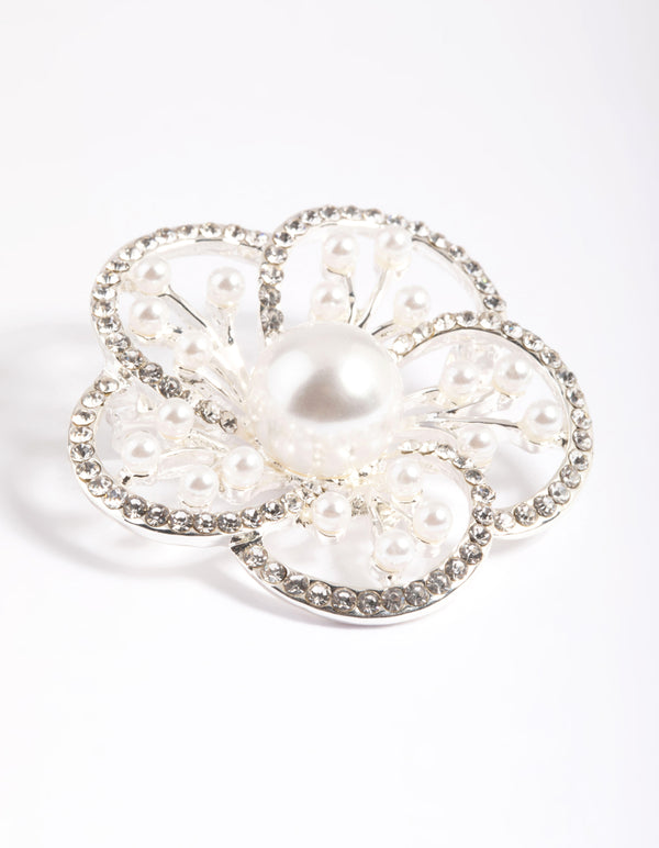 Silver Diamante Pearl Flower Brooch