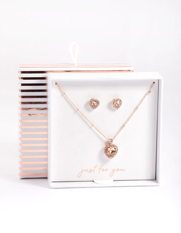 Rose Gold Heart Halo Ball Necklace & Earring Set