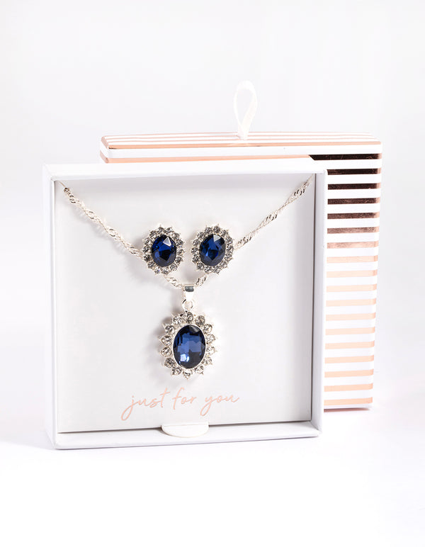 Silver Diana Halo Necklace & Stud Earrings Set