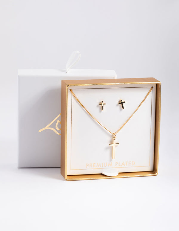 Gold Plated Cross Necklace & Stud Earrings