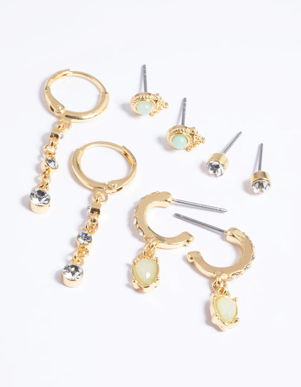 Gold Plated Green Diamante Earring Pack