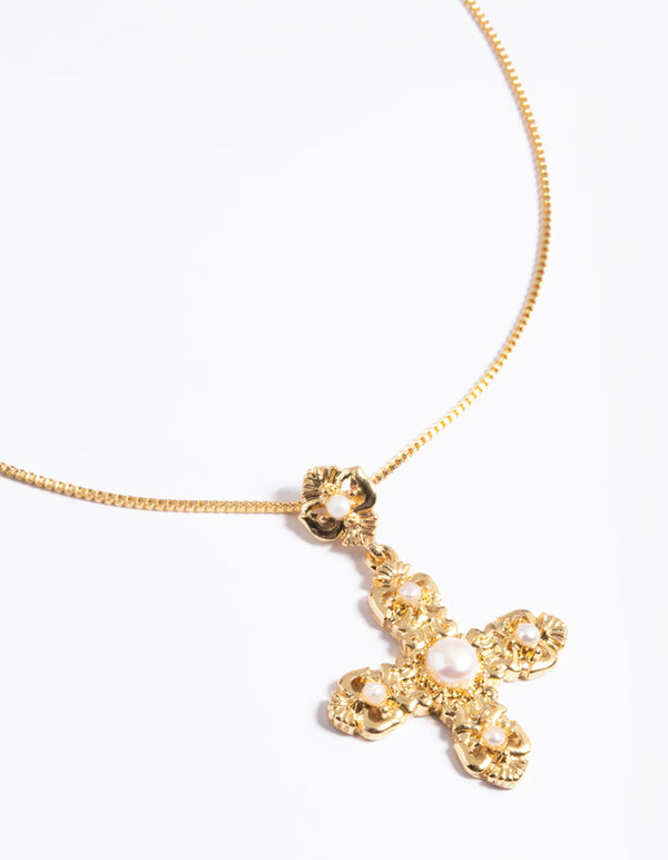 Gold Plated Freshwater Pearl Antique Cross Necklace