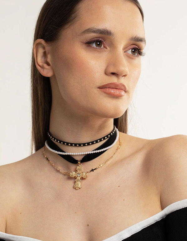 Gold Multi Cross Pearl Choker