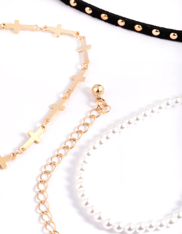 Gold Multi Cross Pearl Choker