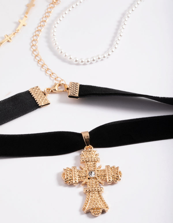 Gold Multi Cross Pearl Choker