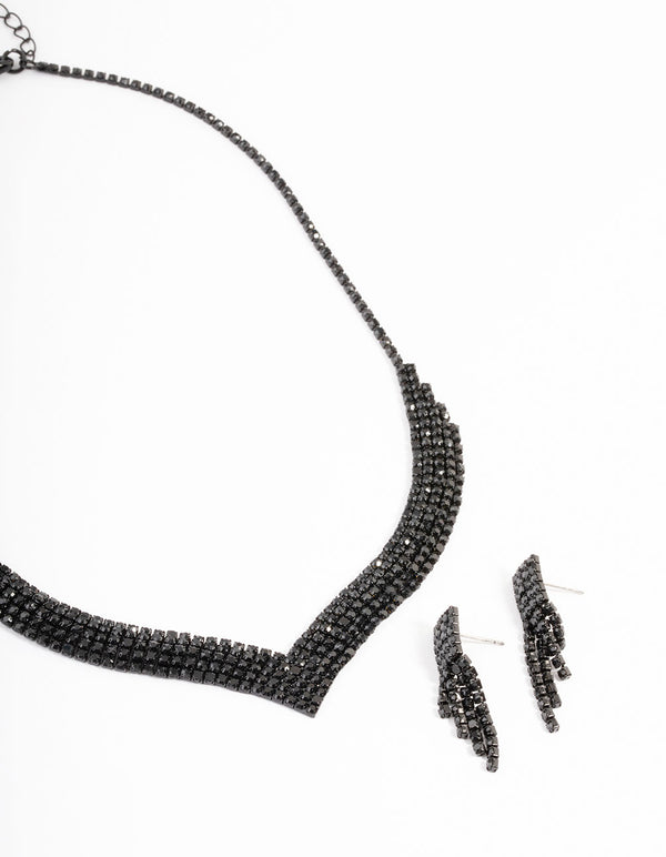 Black Diamante Point Earrings & Necklace