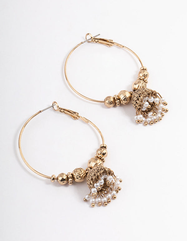 Antique Gold Pearl Hoop Jhumka Earrings