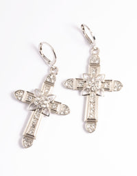 Rhodium Diamante Cross Huggie Earrings - link has visual effect only
