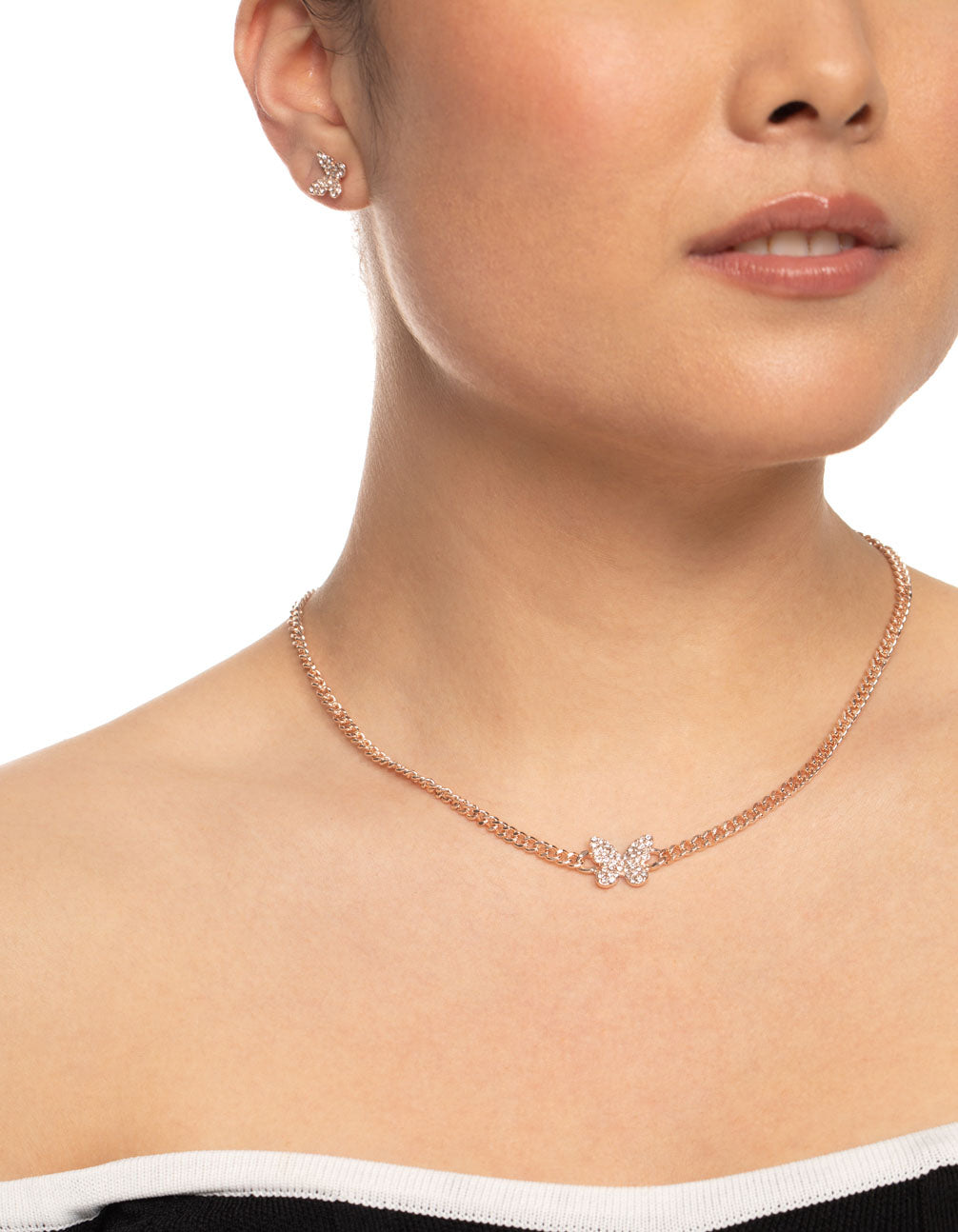 Rose Gold Diamante Butterfly Chain Earrings & Necklace