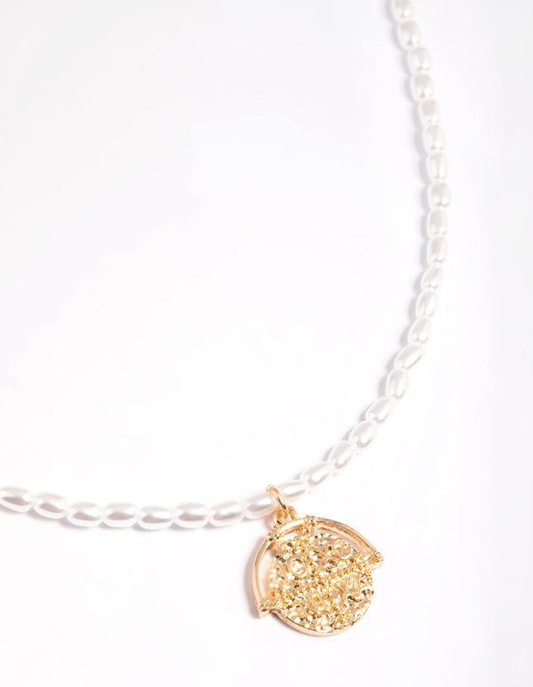 Gold Pearly Disc Pendant Necklace