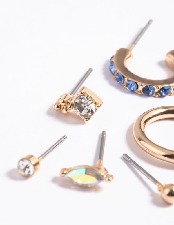 Gold Blue Diamante Earrings 6-Pack