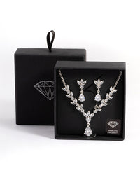 Rhodium Diamond Simulant Teardrop Fan Earring & Necklace Set - link has visual effect only