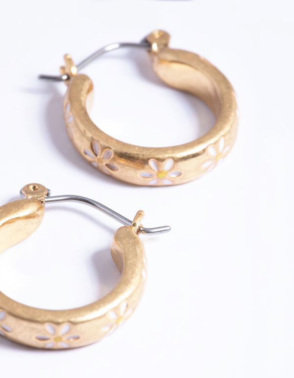 Worn Gold Mini Flower Hoop Earrings