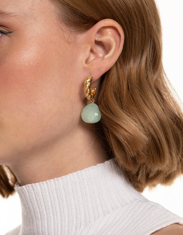 Worn Gold Crescent Hoop Blue Drop Earrings