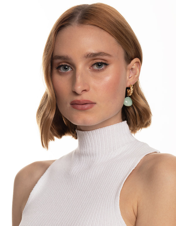 Worn Gold Crescent Hoop Blue Drop Earrings