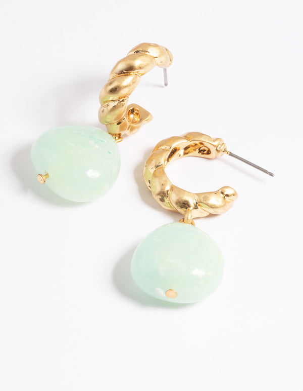 Worn Gold Crescent Hoop Blue Drop Earrings