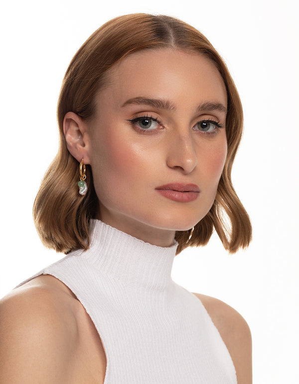 Worn Gold Pearl Three Charm Hoop Earrings