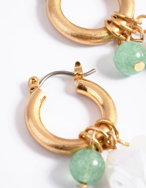 Worn Gold Pearl Three Charm Hoop Earrings