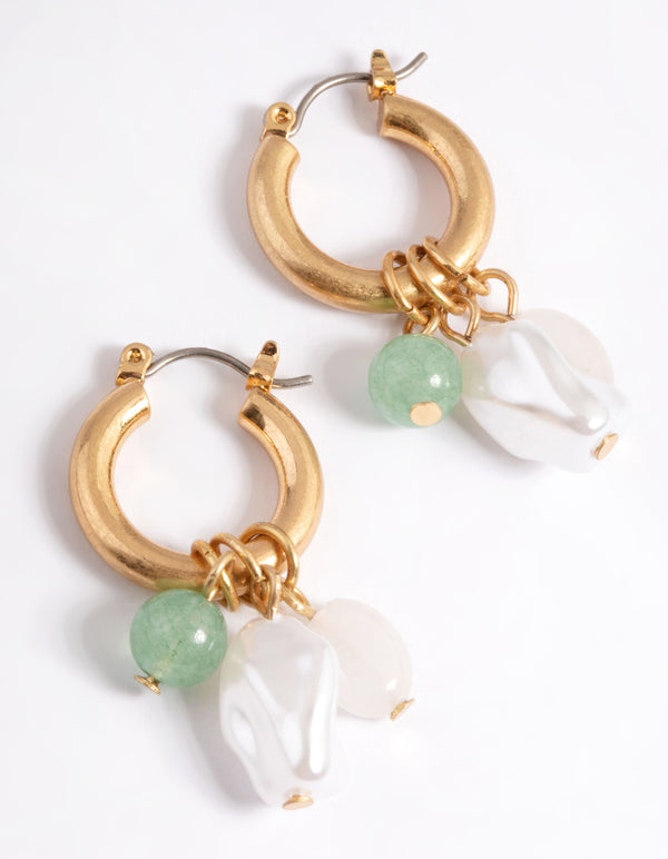 Worn Gold Pearl Three Charm Hoop Earrings