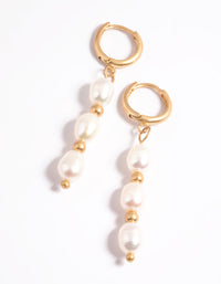 Worn Gold Freshwater Pearl Drop Huggie Earrings - link has visual effect only